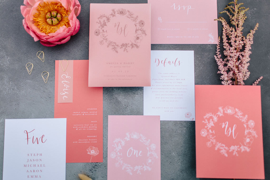 Coral and pink wedding stationery, living coral wedding colour palette, pink wedding invitation suite, romantic wedding inspiration, spring wedding ideas, english country garden wedding