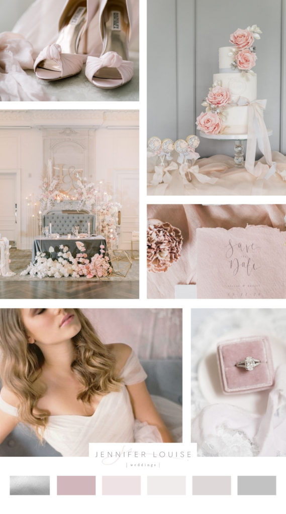 Pink wedding inspiration with grey colours | Pink and grey wedding colour scheme | View more pink wedding colour palette ideas from Jennifer Louise | pink and grey wedding cake | blush wedding dress | pink bridal bouquet | english wedding | classic engagement rings | pink wedding shoes | pink wedding color scheme | pink wedding gowns | pink wedding flowers | dusky pink wedding theme | pink wedding ideas #pinkwedding #blushwedding #weddingcolours